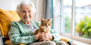 Volunteer and assisted living resident playing a board game together in a bright community room.
